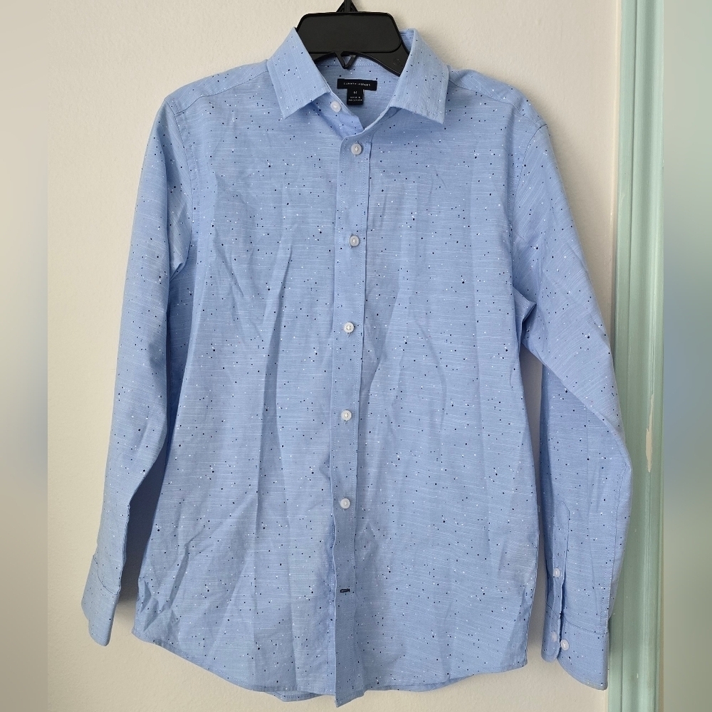 TOMMY HILFIGER Shirt Youth Size 14 Blue Paint Splatter Button Up Long sleeve